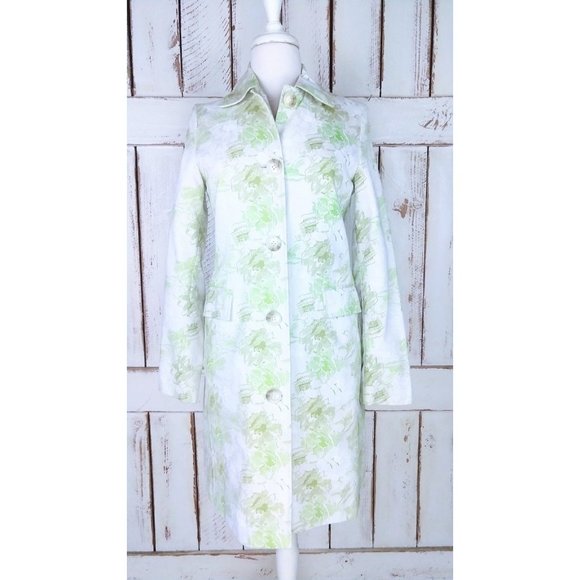 Vintage 90s green floral long cotton fitted jacket long floral cotton trench - Picture 3 of 4